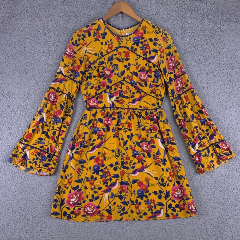 Tanya Taylor 100% Silk Yellow Floral Bird Mini Dress Women's Size 4 Bell Sleeve